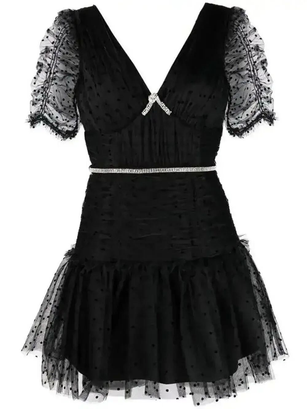 NWT Self-Portrait Polka Dot Tulle Mini Dress Black Crystal Puff Sleeve US 10
